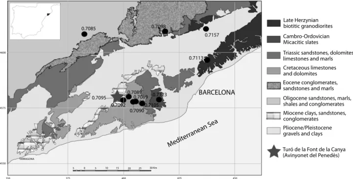 Fig 2. Location of the site (star) and the sampling locations of modern tree leaves and archaeological bones used to assess the bioavailable strontium of the different geological formations surrounding the site