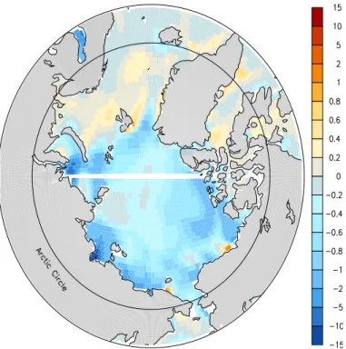 Fig. 10. Difference in Arctic surface salinity during August of the second year of integration in two CM2.1-like experiments