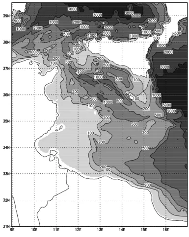 Fig. 1. SCRM domain and model bathymetry obtained from U.S. Navy DBDB1 by bilinear interpolation into the regional model grid