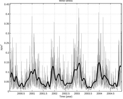 Fig. 3. Wind stress daily (thin gray line) and monthly (thick black line) time series, characterized by a high frequency variability
