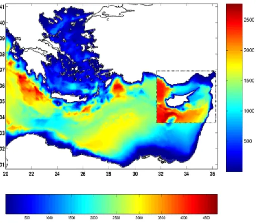 Fig. 1. Bathymetry and domain of ALERMO (color scale in meters along the bottom) and CYCOM (color scale along the right).