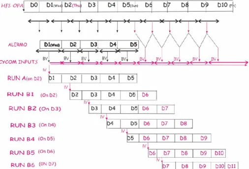 Fig. 2. Schema for operational mode of forecasting with CYCOM. Application of boundary values are indicated by “BV” and initial conditions by “IV.”