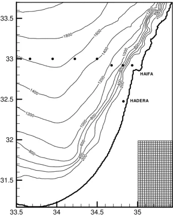 Fig. 1. Domain, bathymetry and portion of grid for the southeastern Levantine narrow shelf model