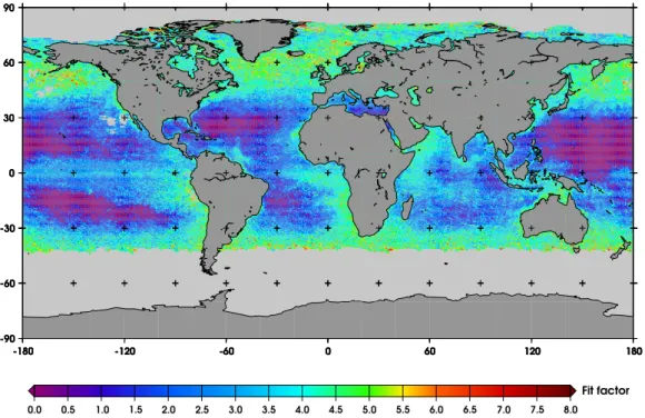 Fig. 6. Global chlorophyll fit factors from SCIAMACHY data for July 2005.