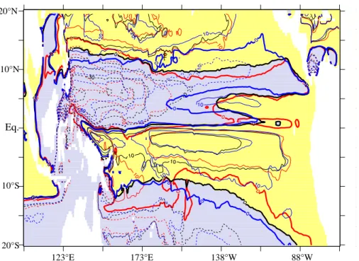 Fig. 13a. Barotropic stream function averaged over timeperiod 1958 to 2000 (colour and black contour lines), overlayed are contour lines for (a) El Ni ˜no phases (june to march 1972/73, 82/82, 97/98 average) in red and La Ni ˜na phases (june to march 1970/