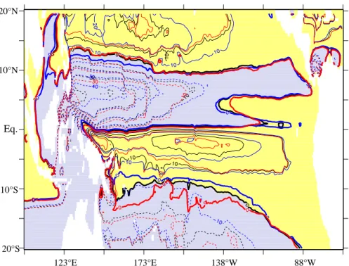 Fig. 13b. As (a), overlayed are contour lines for 1981 to 1990 in red and 1961 to 1970 in blue.