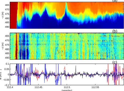 Fig. 6. W -test for frontal solibore in 5-h detail in FSC-data. (a) High-resolution temperature measured using NIOZ-1