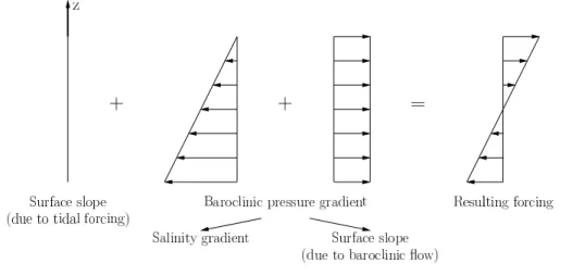 Fig. 3. Vertical profiles of the tidally-averaged forcing terms appearing in the momentum Eq