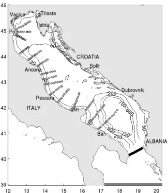Fig. 1. Adriatic Sea coastline and bathymetry. Small circles rep- rep-resent CTDs locations