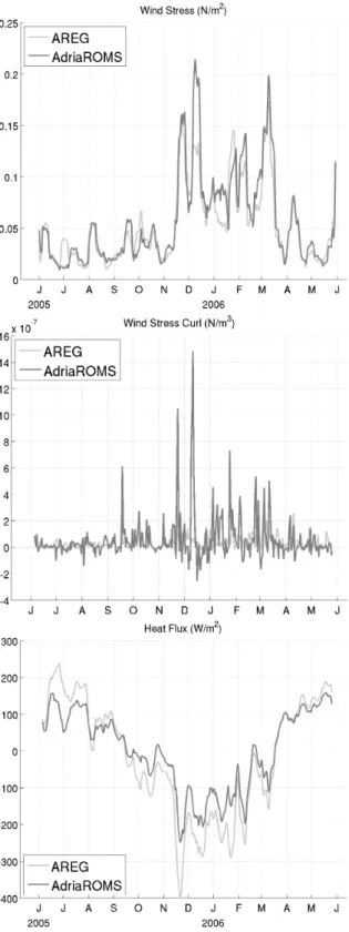 Fig. 2. Respectively from top to bottom: daily, basin averaged wind stress magnitude, wind stress curl and heat fluxes filtered with a 10-day running mean to enhance readability.