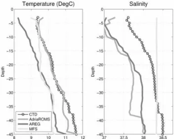 Fig. 3. Average profile for temperature (left panel) and salinity (right panel) of all the locations with CTD casts with maximum depth not exceeding 50 m.