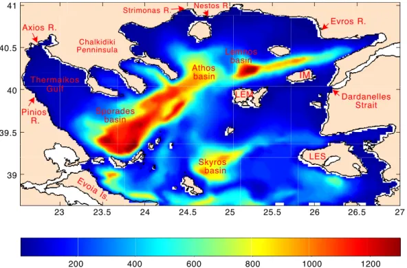 Fig. 1. The bathymetry of the North Aegean Sea (NAS) model, sub-basins and rivers. LES: