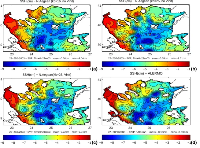 Fig. 5. Sea surface height weekly averaged for 22–28 January 2003 as simulated by (a) the N