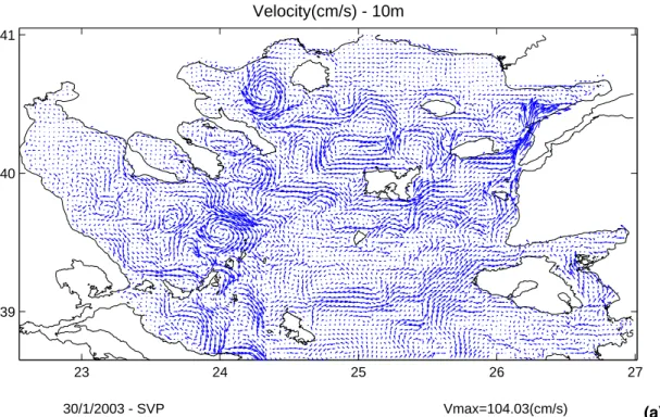 Fig. 7. Velocity fields at 10 m calculated from the NAS Case II experiment (a), the NAS Case III experiment (b) and the ALERMO (c), averaged over the last day of the simulation (30 January 2003).