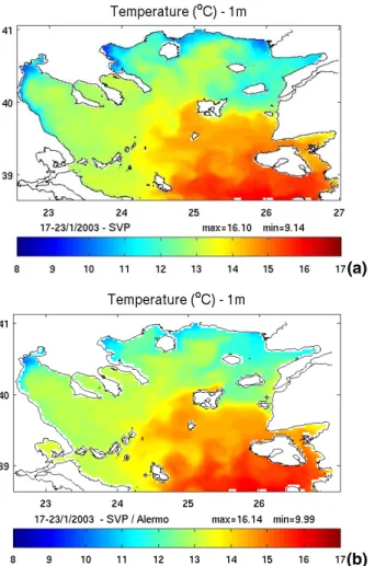 Fig. 9. Sea surface temperature weekly averaged for 17–23 January 2003 as simulated by (a) the N