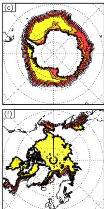Fig. 1. Sea ice at maximum extent from HadCM3, initial HadCM3+EVP and observations (a–