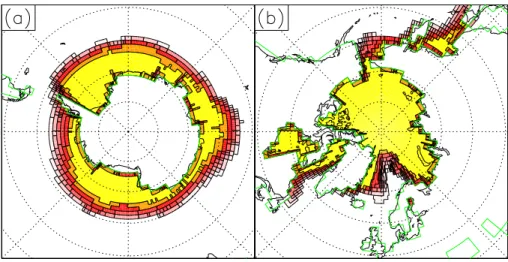 Fig. 9. Seaice extent at winter maximum in the optimised run HadCM3+P+M 5+ P ∗ 5k, (a) southern hemisphere in September and (b) northern hemisphere in March.