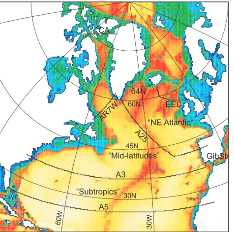 Fig. 1. The extra-tropical North Atlantic of OCCAM, showing model bathymetry and the major model sections (indicated in bold), which follow the sides of gridcells to exactly capture model transports