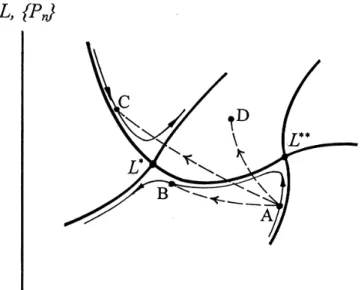 Fig. 4. Phase space (affine space) for the stochastic Lagrangian L( { P n } ). Heavy solid lines are separactrices passing through the fixed points L ∗ , L ∗∗ under the renormalization-group (coarse  grain-ing) transformation