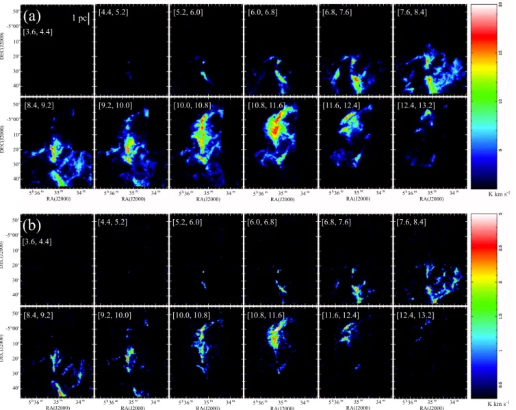 Fig. 3. Velocity channel maps of the a) 13 CO (J = 1–0); and b) C 18 O (J = 1–0) emission line in units of K km s − 1 (T MB dV )