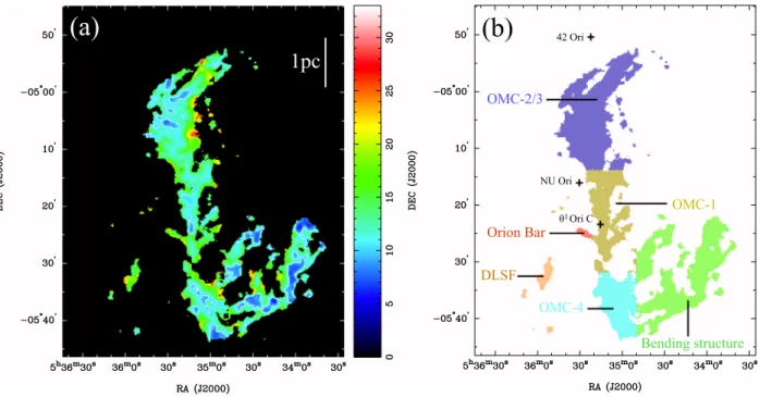Fig. 5. a) Map of the abundance ratio X 13 CO /X C 18 O . b) Locations of the regions summarized in Table 4