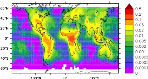 Fig. 1. Observed annual average flash density in flashes/(km 2 day) for the year 1999 from LIS/OTD data from 60 ◦ S to 60 ◦ N.