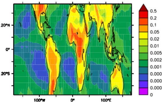 Fig. 4. Parameterised annual average flash density (in flashes/(km 2 day)) from TRMM monthly mean cloud top height for the year 1999, applying the P cth scheme