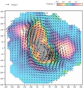 Fig. 2. Instantaneous velocity field and vorticity contour map of a distorted two-vortex flow at Re = − 80 and E = 7.3 × 10 −4 .