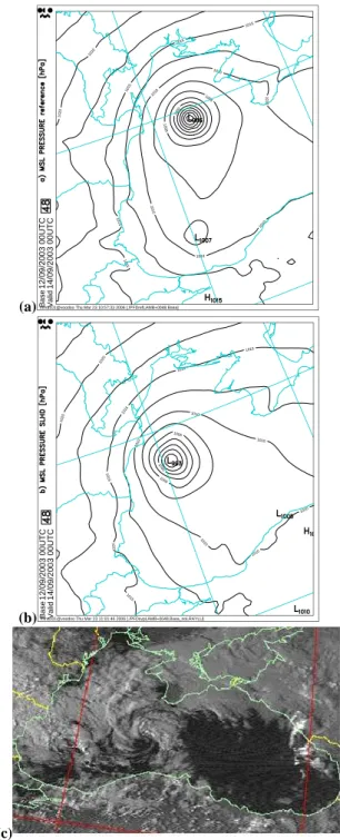 Fig. 2. ALADIN 48 h forecast of mean-sea-level pressure, valid at 00:00 UTC on 14 September 2003, zoomed over the western part of the Black Sea: (a) reference experiment; (b) experiment using the SLHD horizontal diffusion