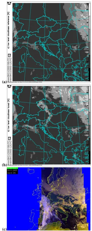 Fig. 4. ALADIN 12 h forecast of low level cloudiness, valid at 12:00 UTC on 9 November 2003: (a) reference experiment; (b) experiment with the updated cloudiness scheme