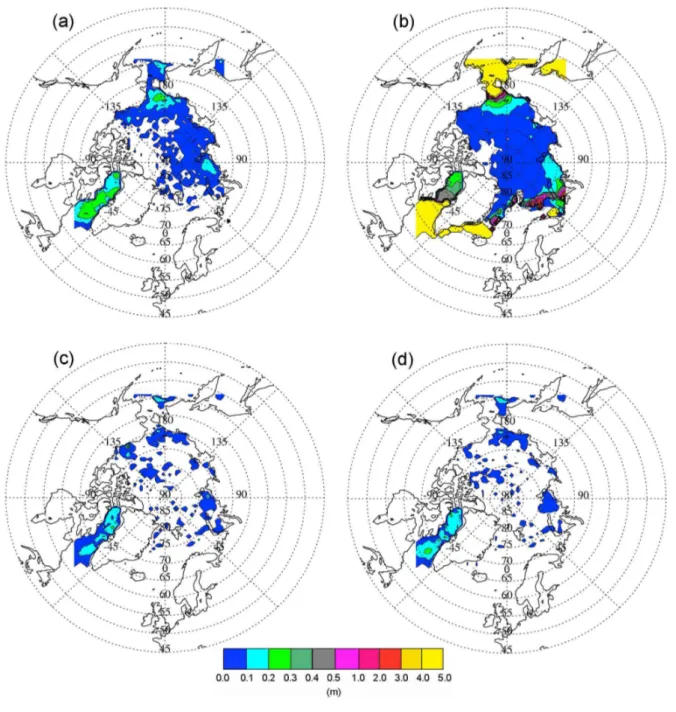 Fig. 6. Differences (in absolute value) in annual mean ice thickness for year 1996 between experiment WA T and the TS (a), and between experiment CA T 0.15 and the TS when we impose ice volume conservation everywhere (b), ice thickness conservation everywh