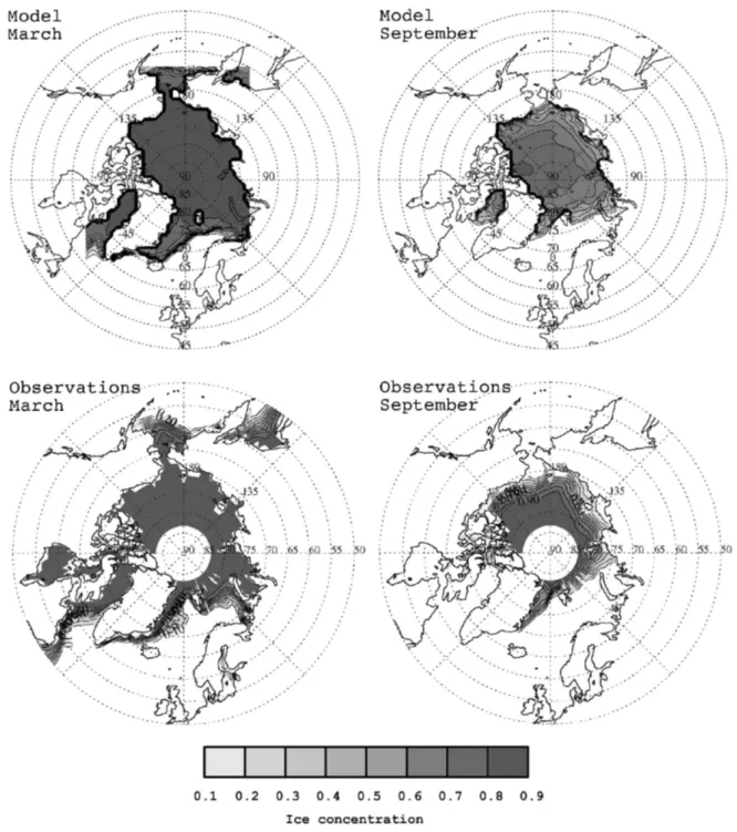 Fig. 4. March (left) and September (right) ice concentrations averaged over the period 1979–1999 from the control run (top) and as observed (Comiso, 1999; bottom)