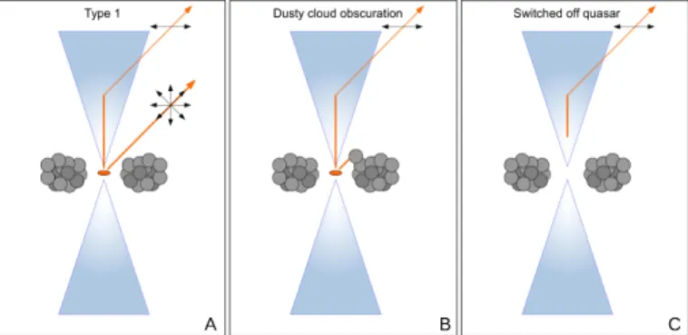 Fig. 1. Cartoon representing the quasar core, torus clouds, and a polar scattering region