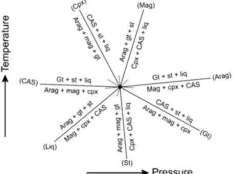 Figure 13. Pressure ‐ temperature projection showing melting of model carbonated eclogite at pressures between 16 and 20 GPa