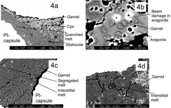 Figure 4. BSE images displaying garnet in some experiments with respect to (a) liquid and cpx at 16 GPa/1425°C; (b) aragonite at 16 GPa/1425°C