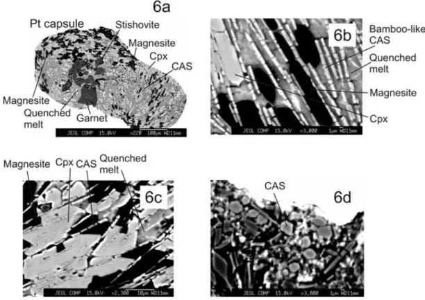 Figure 6. Images showing the appearance of CAS phase in the experiments described here: (a) overall map of the 20 GPa charge, where CAS first becomes visible; (b) bamboo‐like appearance of CAS, along with neighboring magnesite, cpx, and quenched melt; (c) 