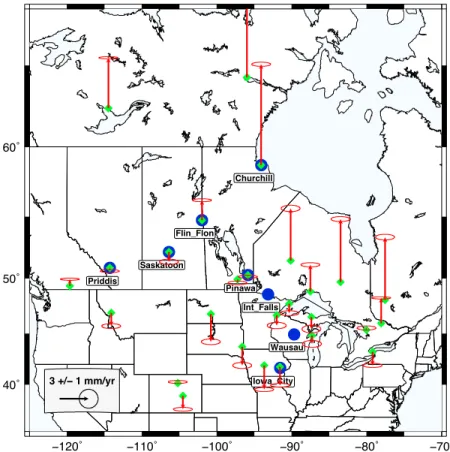 Table 1. AG and GPS Station Locations, Rates, and Standard Errors a Site Latitude(deg) Longitude(deg) g( m Gal yr 1 ) s g(m Gal yr 1 ) Tg (yr) GPS Vu05(mm yr 1 ) s u (mm yr 1 ) Vu00(mm yr 1 ) TGPS(yr) Churchill, MB 58.762 94.086 1.75 0.09 21.7 CHUR 10.38 0