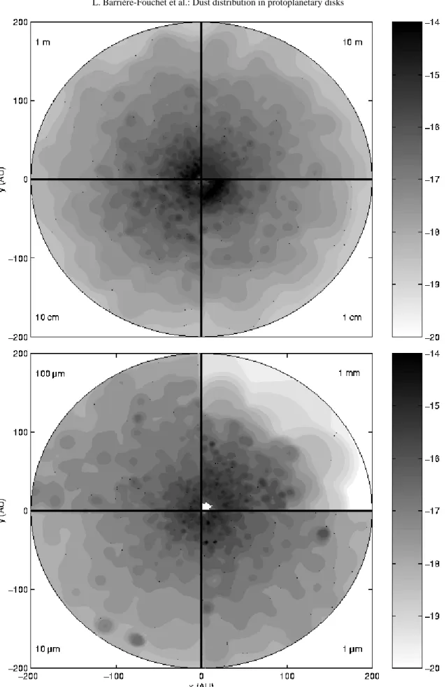 Fig. 1. Density contours for dust particles for the disk seen face on at the end of the low resolution simulations, each quadrant representing a different size of particles