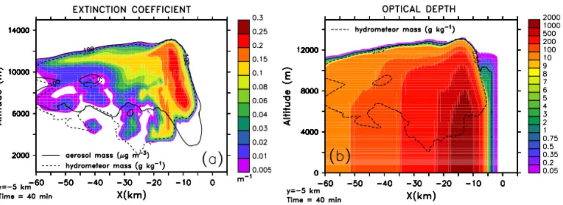 Fig. 6. Results from o ffl ine calculation of radiative properties. (a) Extinction due to absorption and scattering by hydrometeors and aerosols at 10.8 µm