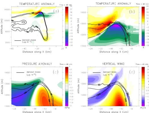 Fig. 8. Vertical cross-sections of (a, b) temperature anomaly, (c) pressure anomaly, and (d) vertical wind field at y = –5 km