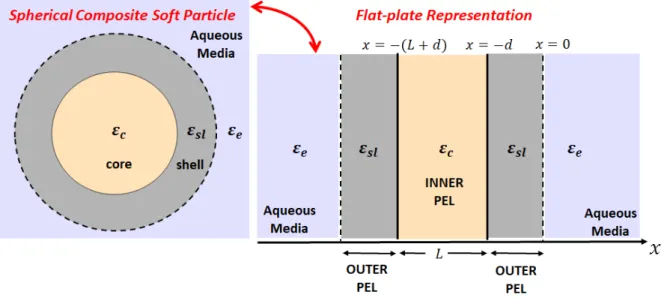 Figure  1.  Schematic  illustration  of a core-shell particle  (represented according to the flat-plate  configuration, see details in the text) consisting of an inner polyelectrolyte layer (PEL) of thickness L  (core component) covered by a peripheral she