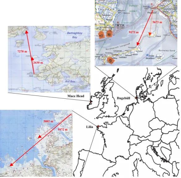 Fig. 2. The three campaign sites Mace Head, Lilia and Dageb¨ull. The lightpaths are indicated by red arrows