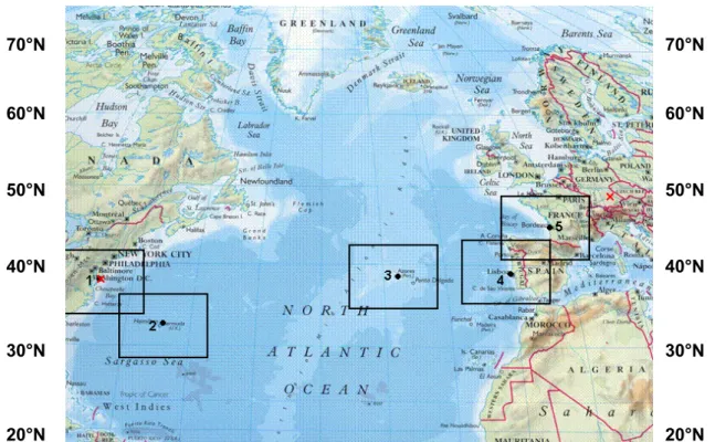 Fig 3.  North Atlantic Study Area (8 th  Oxford Atlas of the World, 2000).The  following are the five numbered regions shown in the study area above: Region  1: Wallops Island, VA (37.5N, 75W), Region 2: Bermuda (33.2N, 64.4W),  Region 3: Azores (38.5N, 27