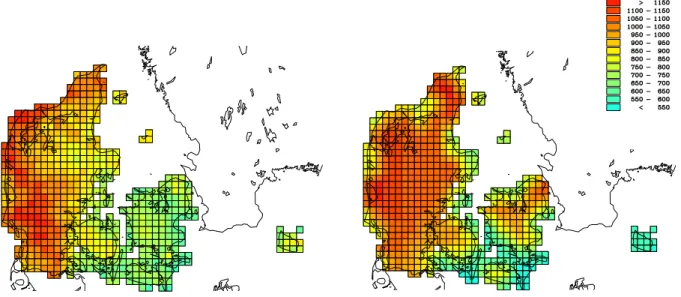Fig. 9. Gridded annual precipitation on a 10 km × 10 km grid from observed precipitation data (left) and obtained from the Eta model (right).