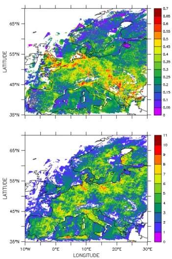Fig. 1. Composite map of the (a) mean aerosol optical depth at 0.555 µm over Europe for August 1997 and (b) the number of  ob-servations used to derive the mean value