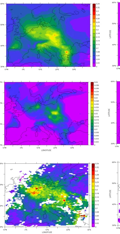 Fig. 6. Aerosol optical depth due to sulphate aerosols computed with the LOTOS model. (a) shows the mean aerosol optical depth for the whole month of August 1997 at 0.550 µm