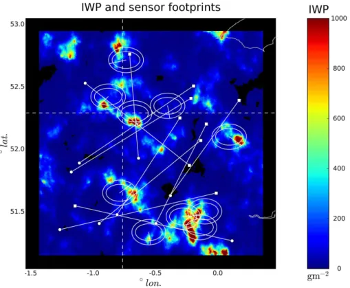 Fig. 2. Ice water path (IWP) for the 17 July 1999 cloudgen scenario. Approximate footprints for CIWSIR are shown as ellipses; along with the large AMSU footprint outside them