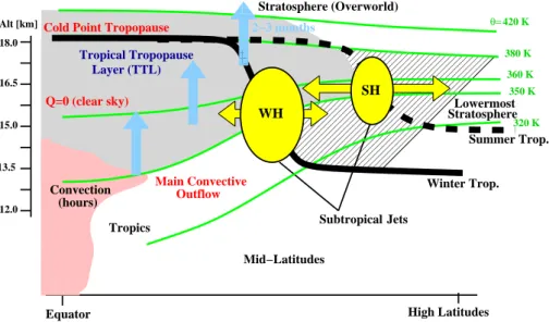 Fig. 1. Schematic of transport processes connecting the tropical tropopause layer (TTL, dark gray) with the stratosphere