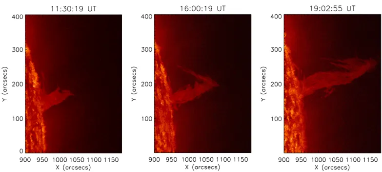 Fig. 2. Images obtained by SDO/AIA in the He ii 304 Å line at different times before (left panel) and during the prominence eruption (middle, right panels)
