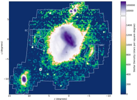Figure 1. Stellar density map of PAndAS stars with dereddened colours and magnitudes consistent with metal-poor RGB populations at the distance of M31.